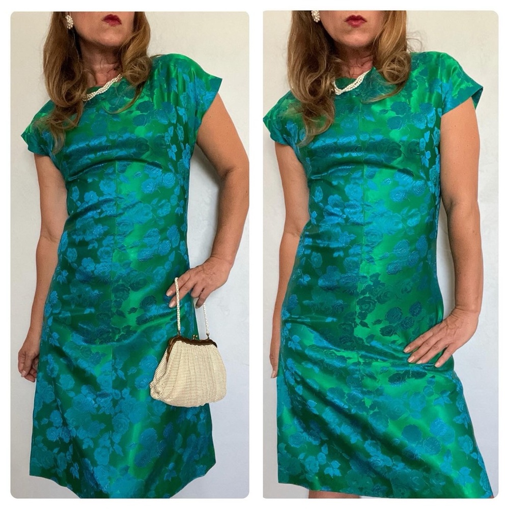 Vintage 1950s Emerald Green w/ Blue Roses Brocade Midi Dress Sz M